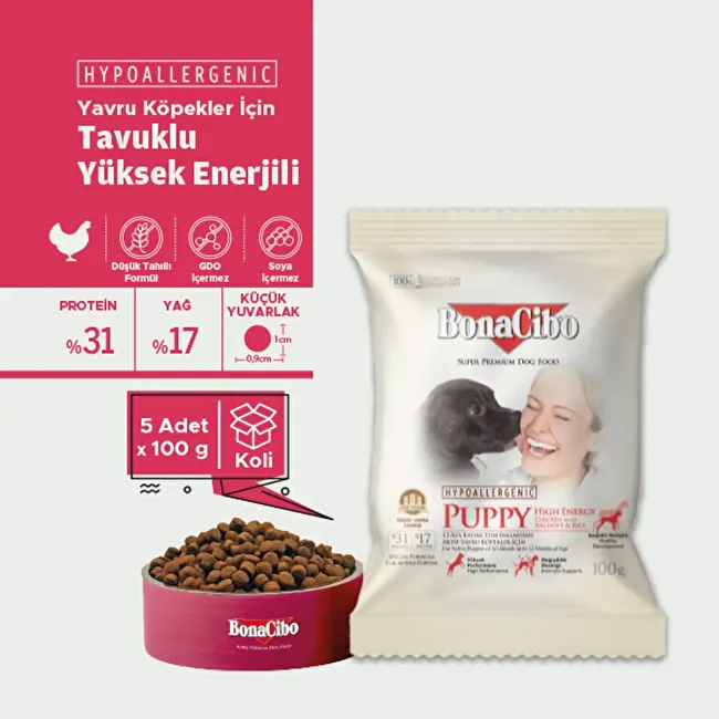 BonaCibo Puppy HE 100 gr x 5 Adet Yüksek Enerjili Yavru Köpek Maması