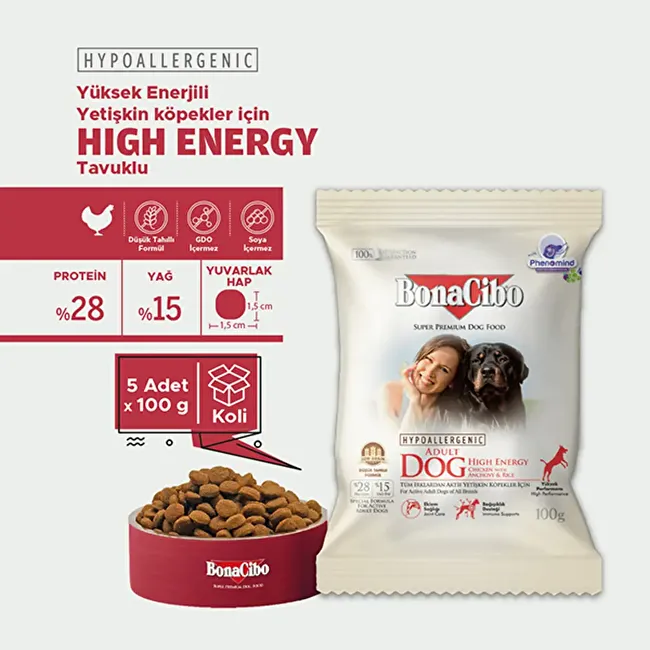 BonaCibo Adult Dog HE 100 gr x 5 Adet Yüksek Enerjili Yetişkin Köpek Maması