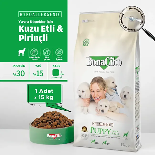 BonaCibo Puppy Lamb & Rice 15 Kg Kuzu Etli ve Pirinçli Yavru Köpek Maması
