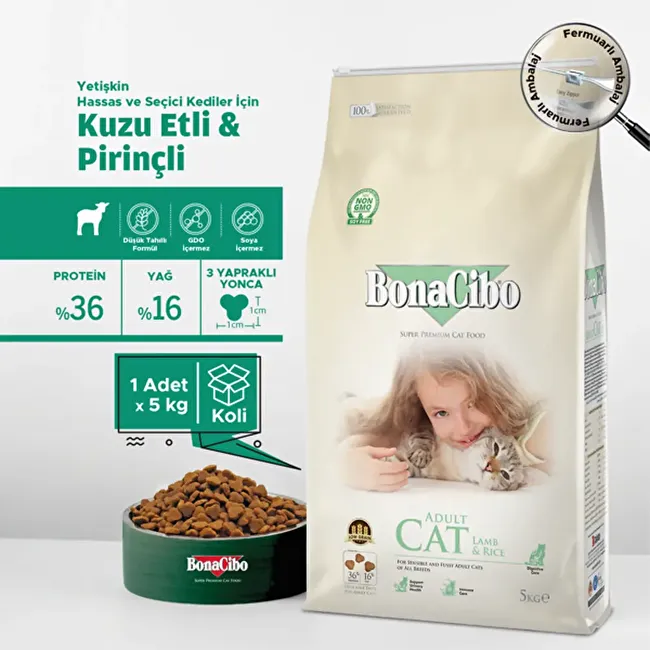 BonaCibo Adult Cat Lamb & Rice 5 Kg -KUTULU Kuzu Etli ve Pirinçli Yetişkin Kedi Maması