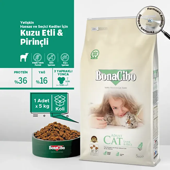BonaCibo Adult Cat Lamb & Rice 5 Kg -KUTULU Kuzu Etli ve Pirinçli Yetişkin Kedi Maması