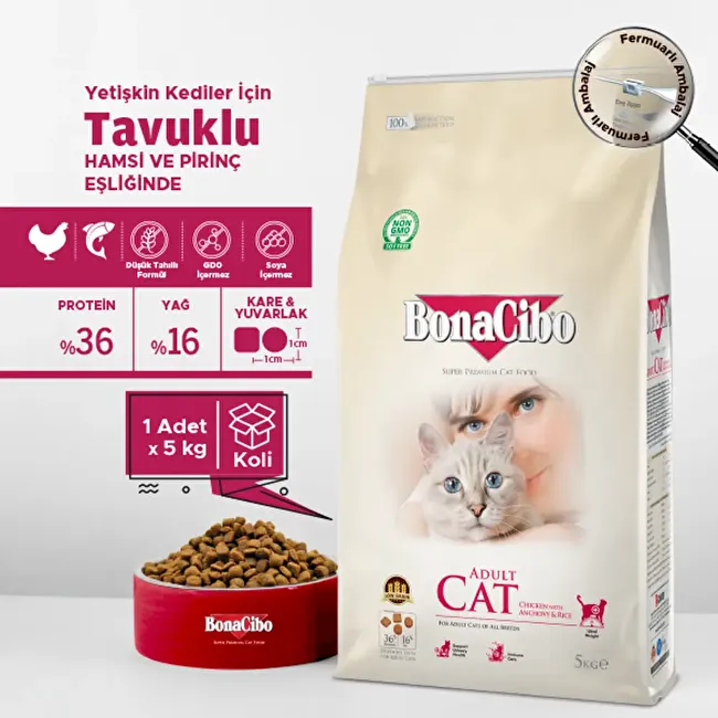 BonaCibo Adult Cat 5 Kg -KUTULU Tavuklu (Hamsi ve Pirinç eşliğinde) Yetişkin Kedi Maması