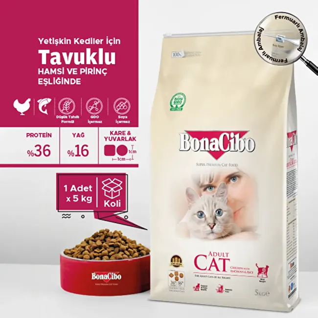 BonaCibo Adult Cat 5 Kg -KUTULU Tavuklu (Hamsi ve Pirinç eşliğinde) Yetişkin Kedi Maması