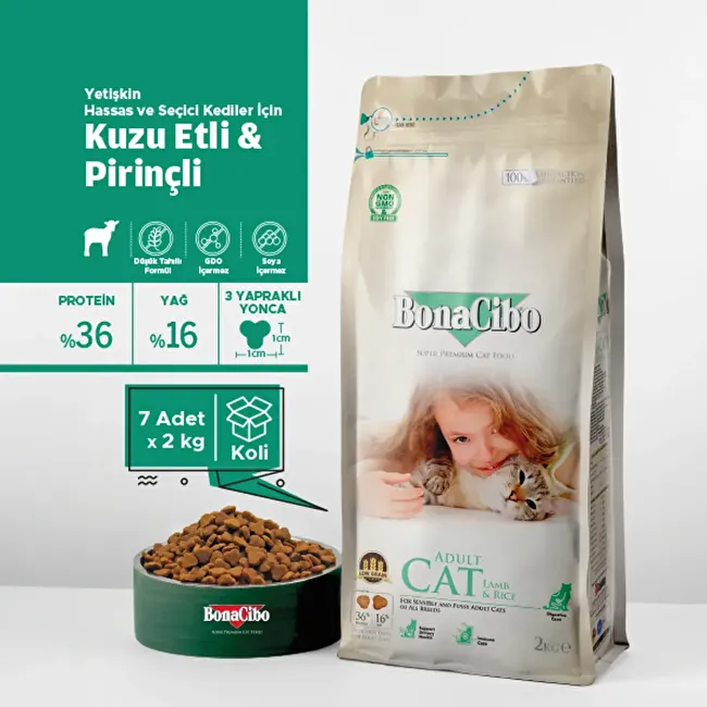 BonaCibo Adult Cat Lamb & Rice 2 Kg x 7 Adet Kuzu Etli ve Pirinçli Yetişkin Kedi Maması