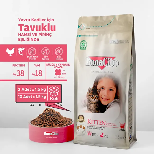 BonaCibo Kitten 1.5 Kg Tavuklu (Hamsi ve Pirinç eşliğinde) Yavru Kedi Maması