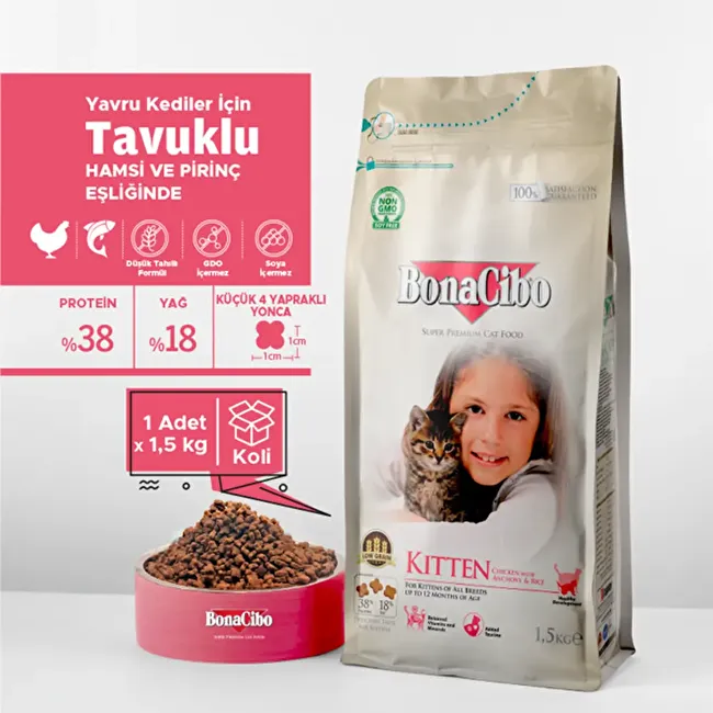 BonaCibo Kitten 1.5 Kg Tavuklu (Hamsi ve Pirinç eşliğinde) Yavru Kedi Maması