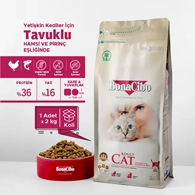 BonaCibo Adult Cat 2 Kg - KUTULU Tavuklu (Hamsi ve Pirinç eşliğinde) Yetişkin Kedi Maması