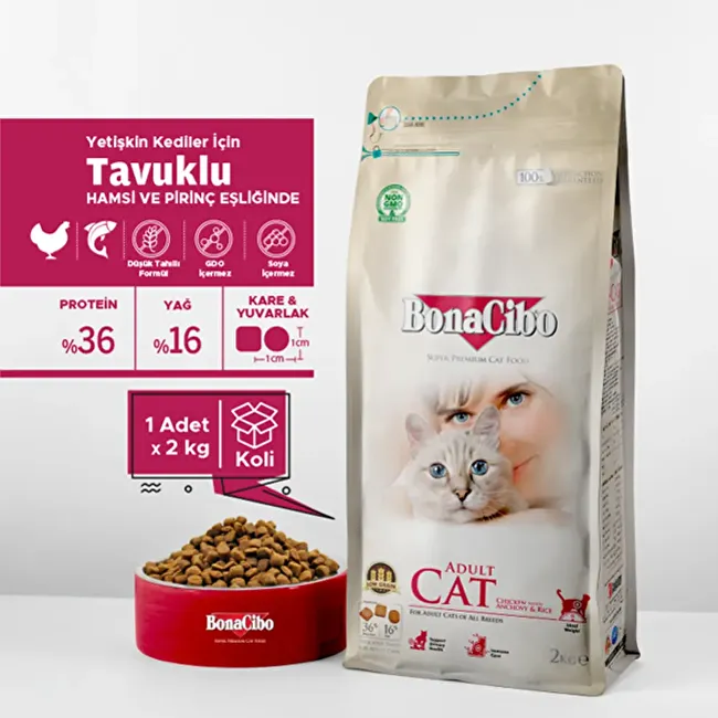 BonaCibo Adult Cat 2 Kg - KUTULU Tavuklu (Hamsi ve Pirinç eşliğinde) Yetişkin Kedi Maması