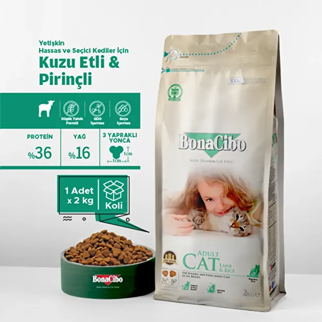 BonaCibo Adult Cat Lamb & Rice 2 Kg - KUTULU Kuzu Etli ve Pirinçli Yetişkin Kedi Maması