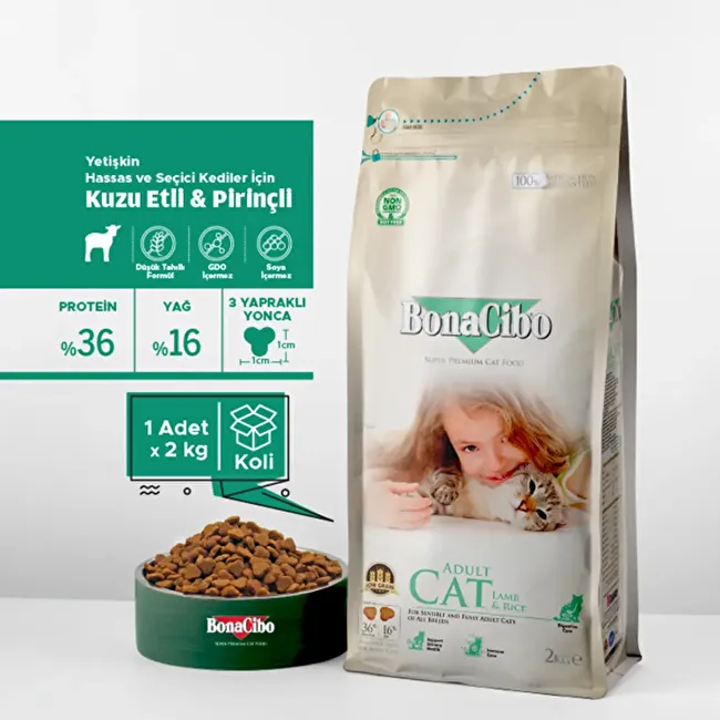 BonaCibo Adult Cat Lamb & Rice 2 Kg - KUTULU Kuzu Etli ve Pirinçli Yetişkin Kedi Maması