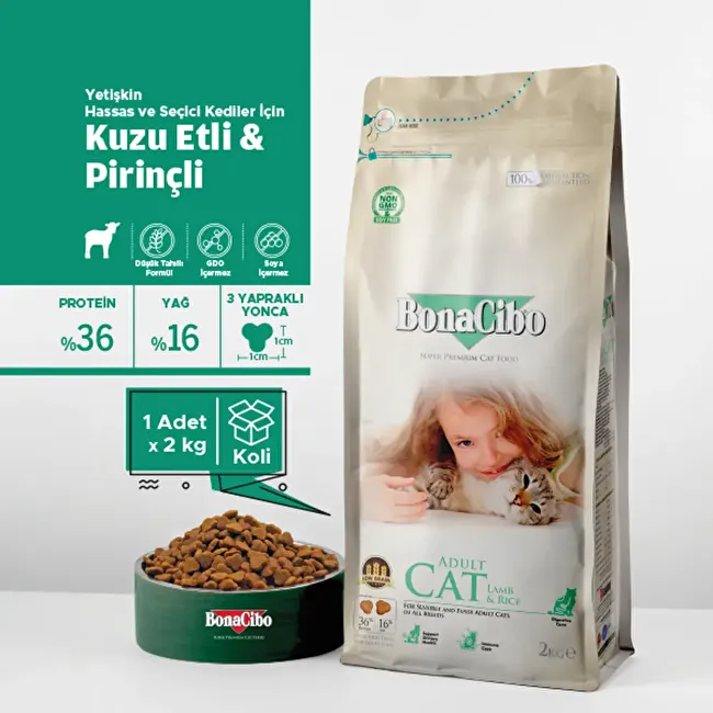 BonaCibo Adult Cat Lamb & Rice 2 Kg - KUTULU Kuzu Etli ve Pirinçli Yetişkin Kedi Maması