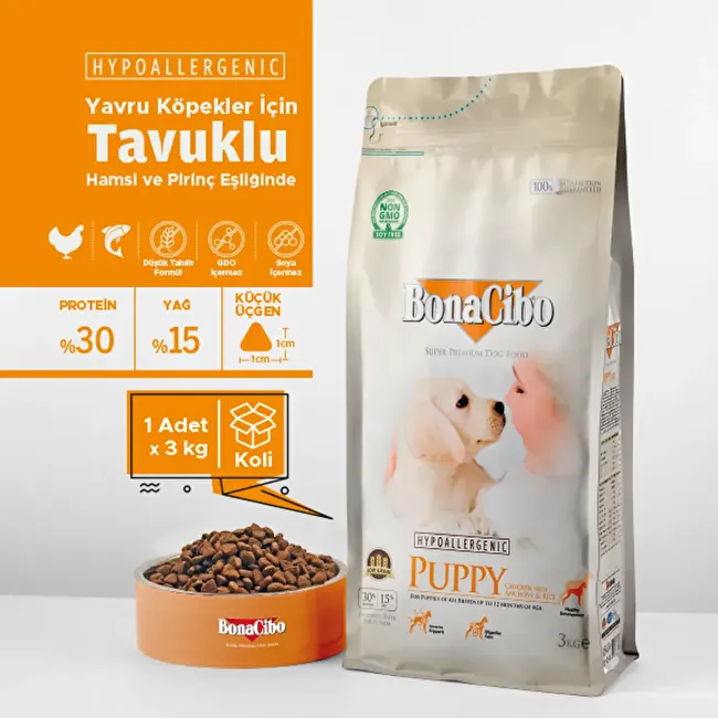 BonaCibo Puppy 3 Kg Tavuklu ve Balıklı Yavru Köpek Maması