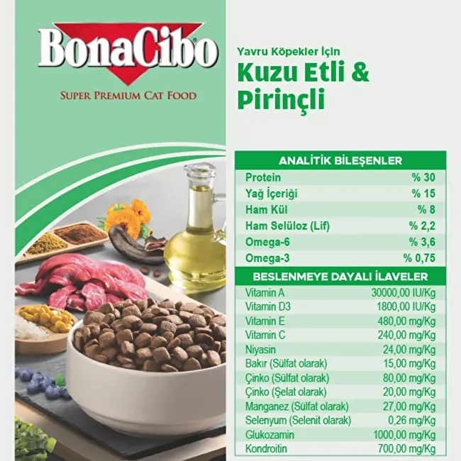 BonaCibo Puppy Lamb & Rice 3 Kg - KUTULU Kuzu Etli ve Pirinçli Yavru Köpek Maması
