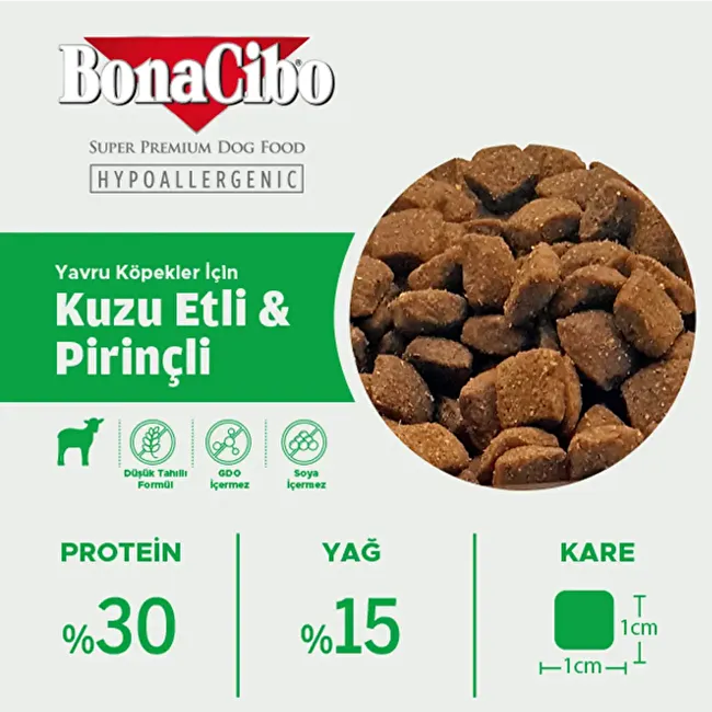 BonaCibo Puppy Lamb & Rice 3 Kg - KUTULU Kuzu Etli ve Pirinçli Yavru Köpek Maması