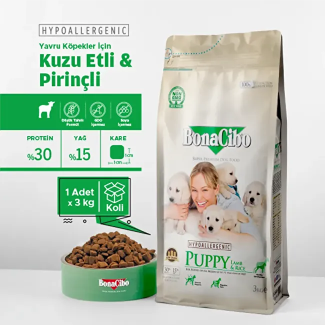 BonaCibo Puppy Lamb & Rice 3 Kg - KUTULU Kuzu Etli ve Pirinçli Yavru Köpek Maması