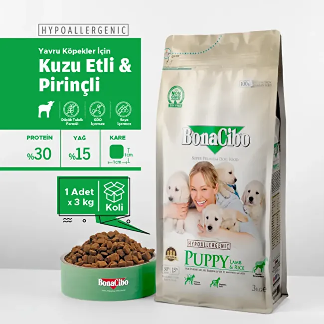 BonaCibo Puppy Lamb & Rice 3 Kg Kuzu Etli ve Pirinçli Yavru Köpek Maması