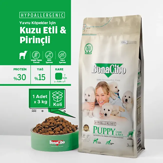 BonaCibo Puppy Lamb & Rice 3 Kg Kuzu Etli ve Pirinçli Yavru Köpek Maması