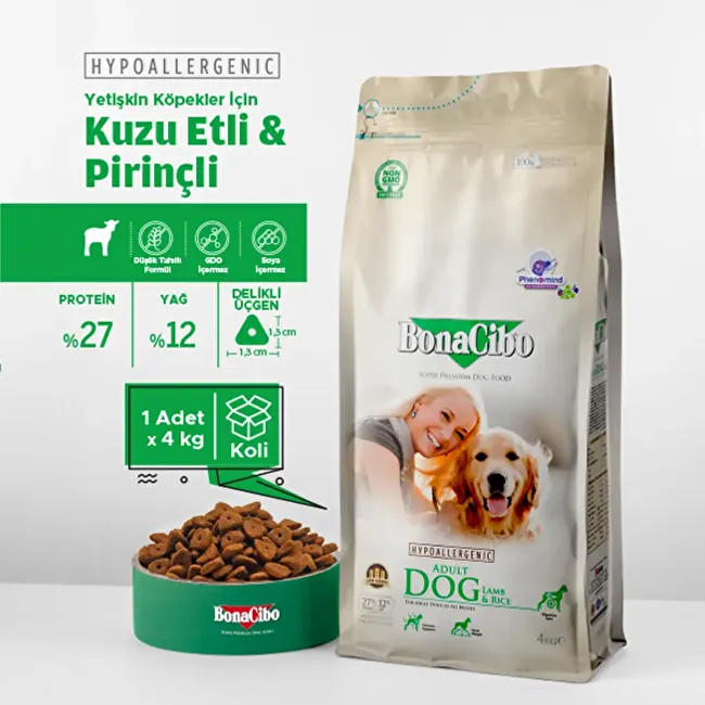 BonaCibo Adult Dog Lamb & Rice 4 Kg Kuzu Etli ve Pirinçli Yetişkin Köpek Maması