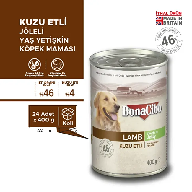BonaCibo Jöleli Kuzu Etli Yaş Yetişkin Köpek Maması 400 gr x 24 Adet Jöle içerisinde parça etli Yetişkin Köpek Maması