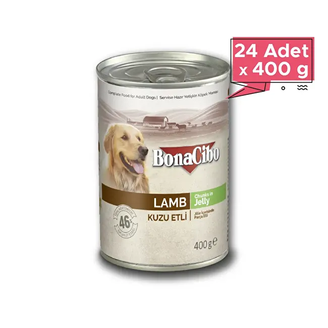 BonaCibo Jöleli Kuzu Etli Yaş Yetişkin Köpek Maması 400 gr x 24 Adet Jöle içerisinde parça etli Yetişkin Köpek Maması