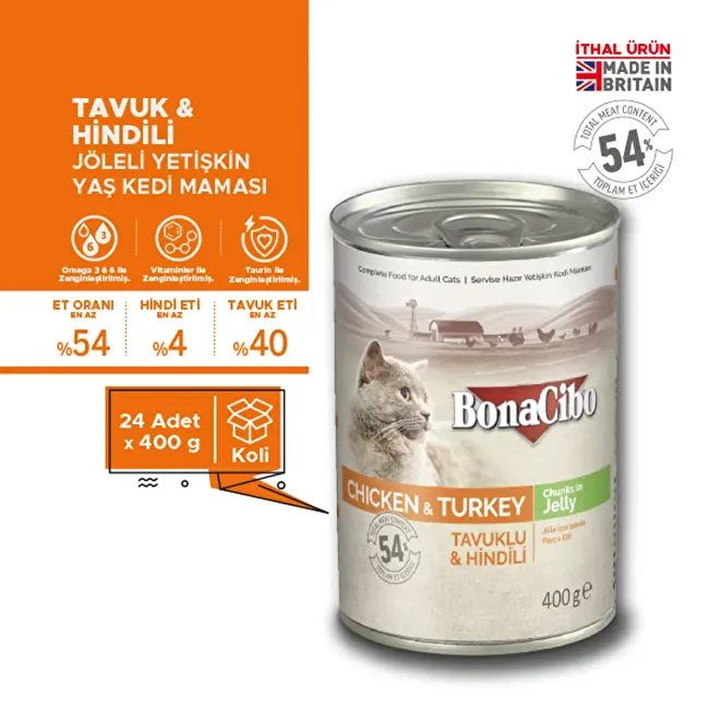 BonaCibo Jöleli Tavuk ve Hindili Yaş Kedi Maması 400 gr x 24 Adet Jöle içerisinde parça etli Yetişkin Kedi Maması