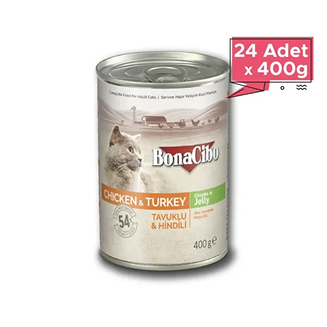 BonaCibo Jöleli Tavuk ve Hindili Yaş Kedi Maması 400 gr x 24 Adet Jöle içerisinde parça etli Yetişkin Kedi Maması