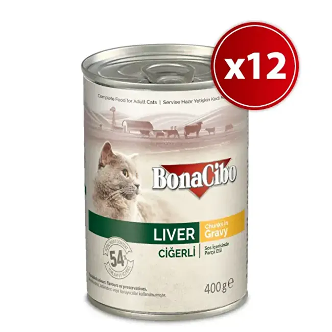 BonaCibo Soslu Ciğerli Yaş Kedi Maması 400 gr x 24 Adet Sos içerisinde parça etli Yetişkin Kedi Maması