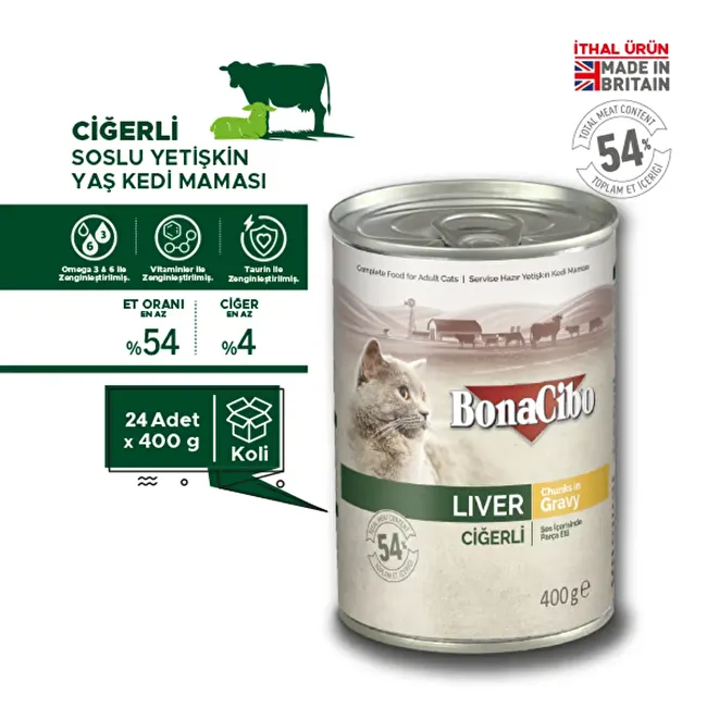 BonaCibo Soslu Ciğerli Yaş Kedi Maması 400 gr x 24 Adet Sos içerisinde parça etli Yetişkin Kedi Maması