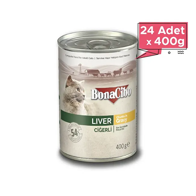 BonaCibo Soslu Ciğerli Yaş Kedi Maması 400 gr x 24 Adet Sos içerisinde parça etli Yetişkin Kedi Maması