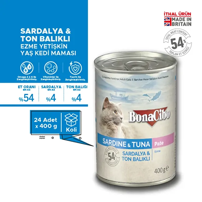 BonaCibo Ezme Sardalya ve Ton Balıklı Yaş Kedi Maması 400 gr x 24 Adet Ezme Yetişkin Kedi Maması