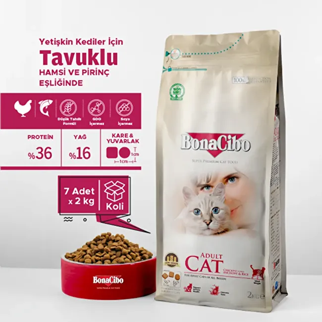 BonaCibo Adult Cat 2 Kg x 7 Adet Tavuklu (Hamsi ve Pirinç eşliğinde) Yetişkin Kedi Maması