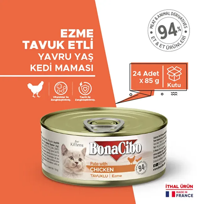 BonaCibo Ezme Tavuklu Yaş Yavru Kedi Maması  85 gr.x 24 Adet Yavru Kediler için Tam Yaş Mama – Ezme Tavuklu