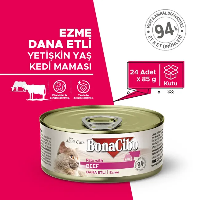 BonaCibo Ezme Dana Etli Yaş Kedi Maması 85 gr.x 24 Adet Yetişkin Kediler için Tam Yaş Mama – Ezme Dana Etli