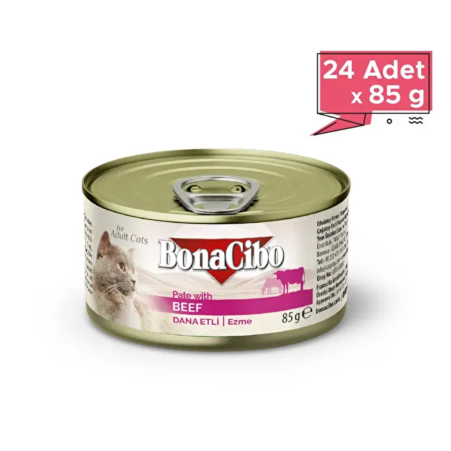 BonaCibo Ezme Dana Etli Yaş Kedi Maması 85 gr.x 24 Adet Yetişkin Kediler için Tam Yaş Mama – Ezme Dana Etli