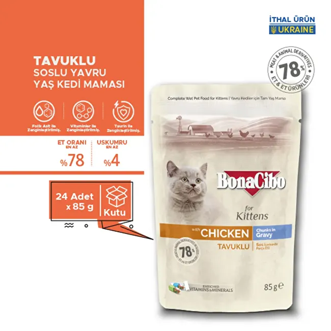 BonaCibo Soslu Tavuklu Pouch Yavru Kedi Yaş Maması 85 gr x 24 Adet Sos içerisinde parça etli Yavru Kedi Maması
