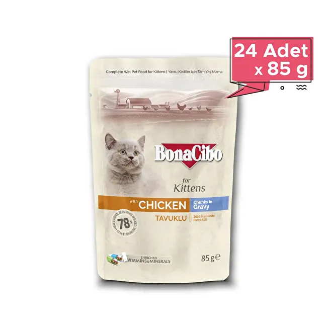 BonaCibo Soslu Tavuklu Pouch Yavru Kedi Yaş Maması 85 gr x 24 Adet Sos içerisinde parça etli Yavru Kedi Maması