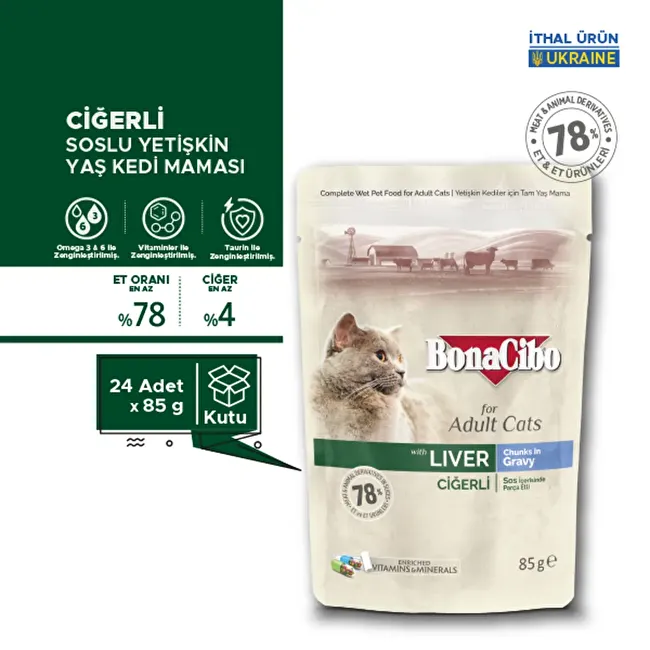BonaCibo Soslu Ciğerli Pouch Yetişkin Kedi Yaş Maması 85 gr x 24 Adet Sos içerisinde parça etli Yetişkin Kedi Maması