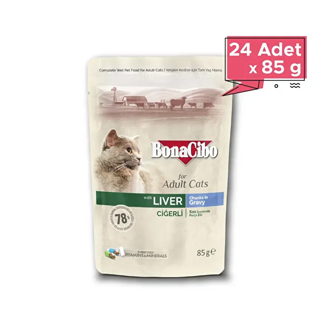 BonaCibo Soslu Ciğerli Pouch Yetişkin Kedi Yaş Maması 85 gr x 24 Adet Sos içerisinde parça etli Yetişkin Kedi Maması