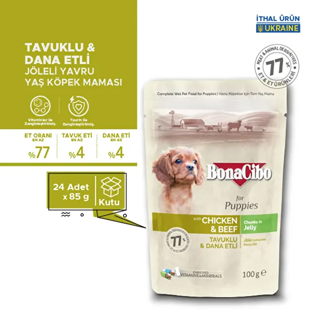 BonaCibo Jöleli Tavuklu-Dana Etli Pouch Yavru Köpek Yaş Maması 100 gr x 24 Adet Jöle içerisinde parça etli Yavru Köpek Maması