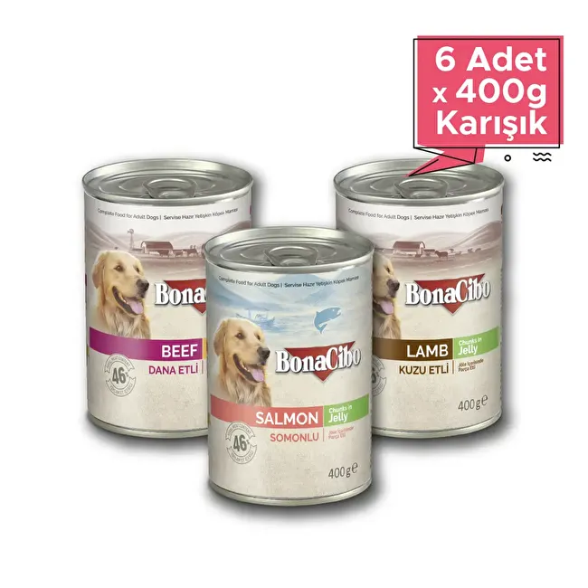 Köpek Karışık konserve 400 gr x 6 Adet Yetişkin Köpekler için 2 Farklı Lezzette 6'lı Yaş Mama Seti