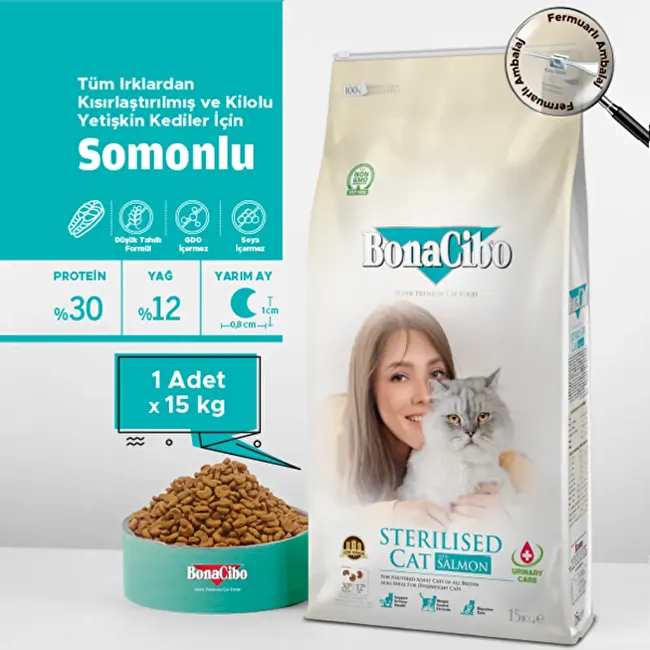 BonaCibo Adult Cat Sterilised Somonlu 15 kg Kısırlaştırılmış Kediler için  Somonlu Yetişkin Kedi Maması