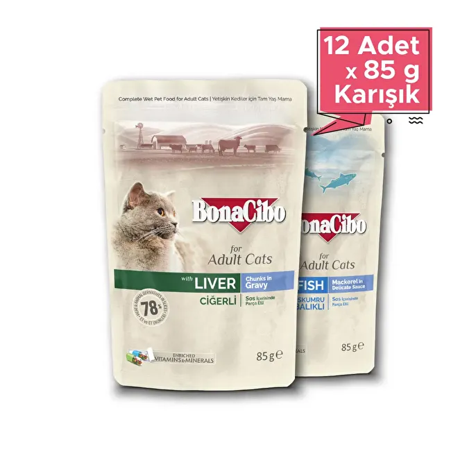 Pouch Yetişkin Kedi Yaş Maması 85 gr x 12 Adet (Karışık) Yetişkin Kediler için 2 Farklı Lezzette 12'li Pouch Mama Seti