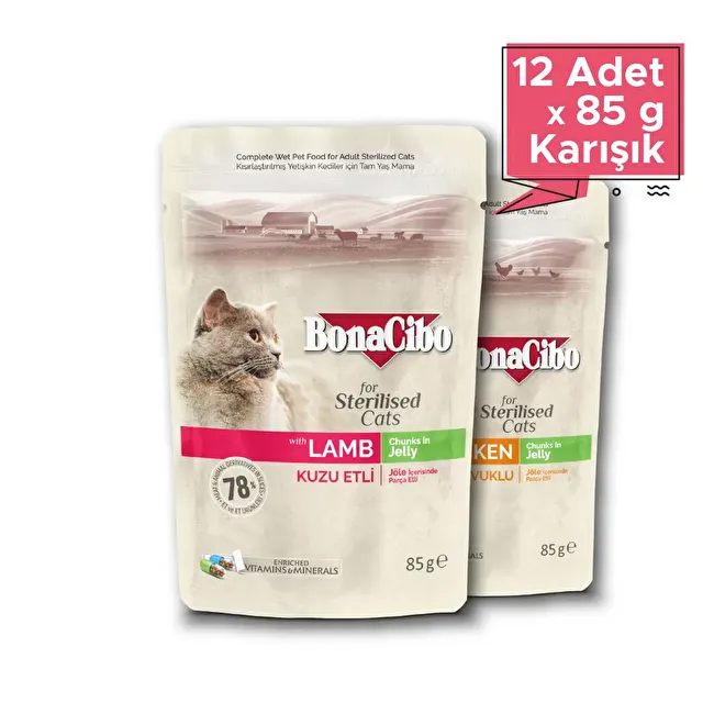 Pouch Karışık Kısırlaştırılmış Yetişkin Kedi Yaş Maması 85 gr x 12 Adet Yetişkin Kediler için 2 Farklı Lezzette 12'li Pouch Mama Seti