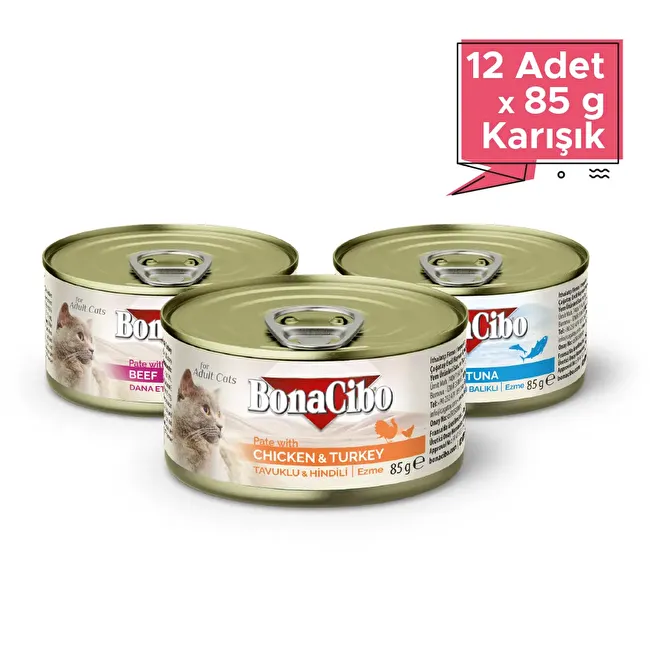 BonaCibo Ezme Karışık Yaş Kedi Maması 85 gr.x 12 Adet Yetişkin Kediler için 3 Farklı Lezzette 12'li Yaş Mama Seti