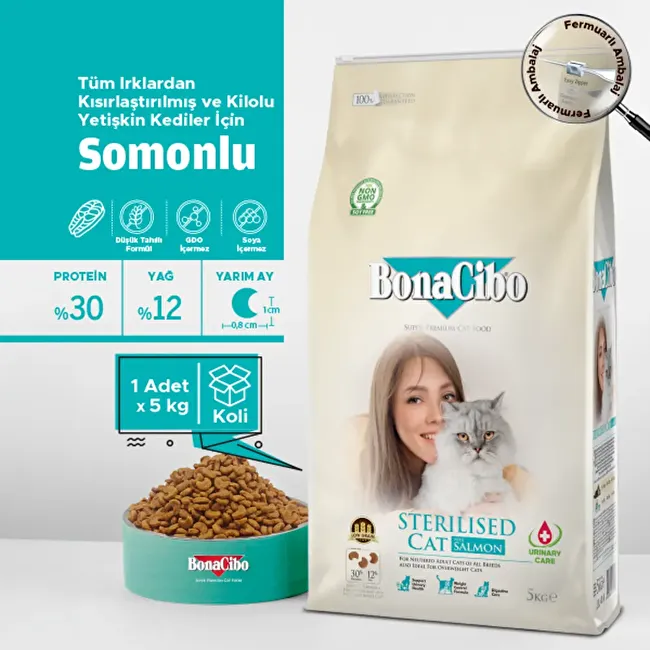 BonaCibo Adult Cat Sterilised Somonlu 5 Kg. KUTULU Kısırlaştırılmış Kediler için Somonlu Yetişkin Kedi Maması