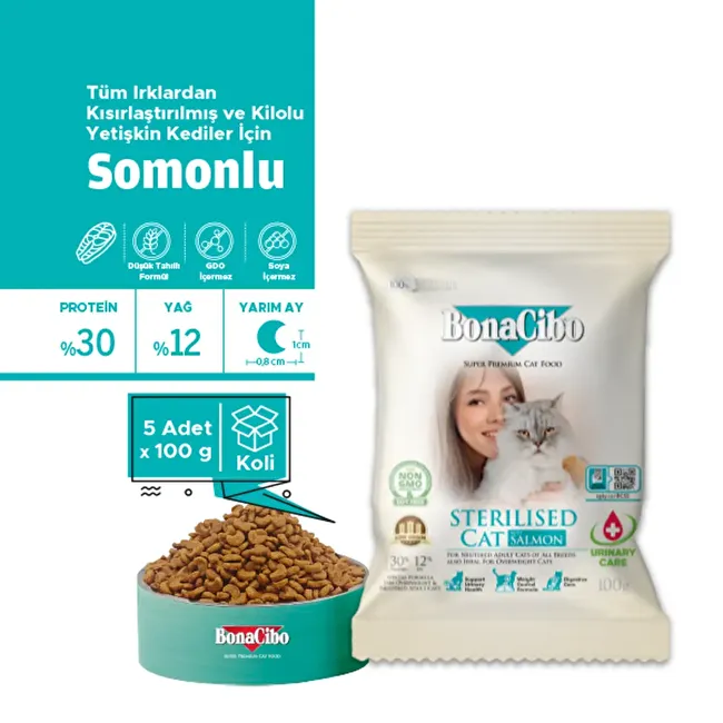 BonaCibo Adult Cat Sterilised Somonlu 100 gr x 5 Adet Kısırlaştırılmış Kediler için Somonlu Yetişkin Kedi Maması