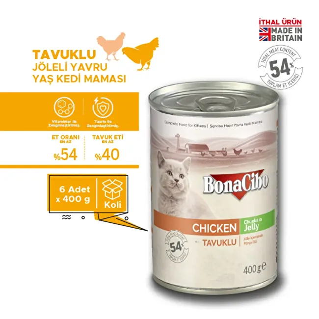 BonaCibo Jöleli Tavuklu Yaş Yavru Kedi Maması 400 Gr. 6 lı Jöle içerisinde parça etli Yavru Kedi Maması