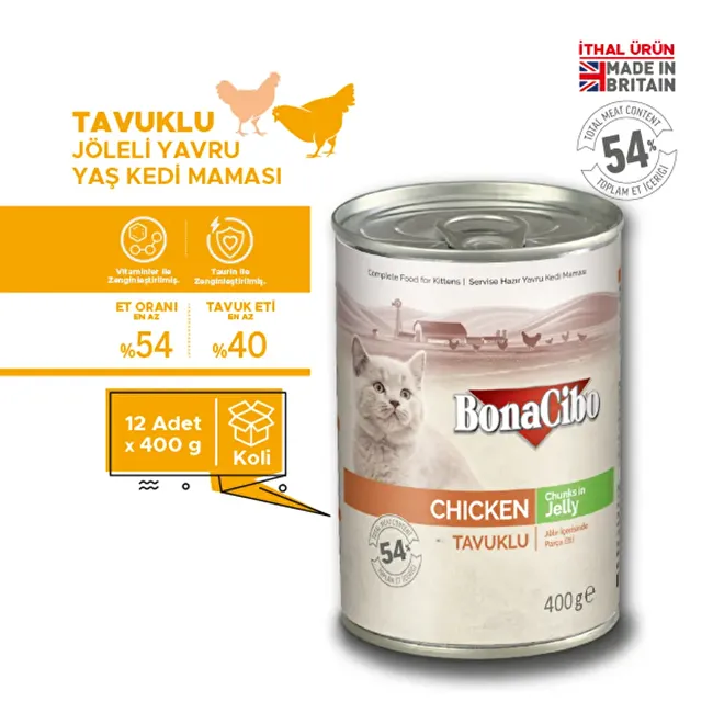 BonaCibo Jöleli Tavuklu Yaş Yavru Kedi Maması 400 Gr. 12 li Jöle içerisinde parça etli Yavru Kedi Maması