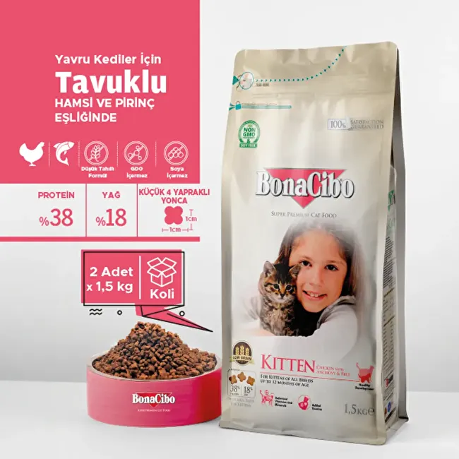 BonaCibo Kitten 1.5 Kg. 2 li Tavuklu (Hamsi ve Pirinç eşliğinde) Yavru Kedi Maması