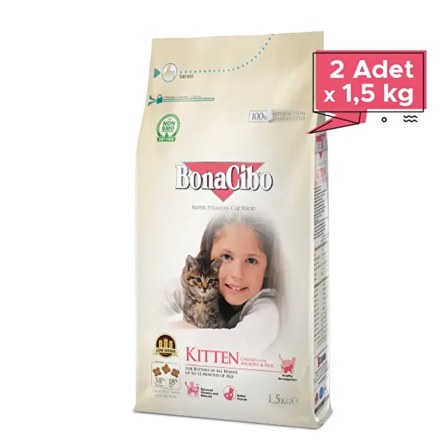 BonaCibo Kitten 1.5 Kg. 2 li Tavuklu (Hamsi ve Pirinç eşliğinde) Yavru Kedi Maması